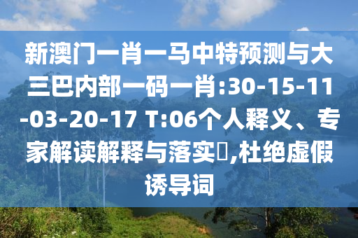 新澳門(mén)一肖一馬中特預(yù)測(cè)與大三巴內(nèi)部一碼一肖:30-15-11-03-20-17 T:06個(gè)人釋義、專家解讀解釋與落實(shí)?,杜絕虛假誘導(dǎo)詞
